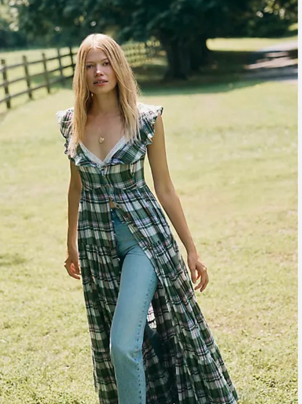 Anthropologie Pilcro Flutter Sleeve Tiered Plaid Maxi Dress